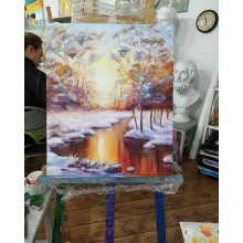 Картина маслом "Снежный лес-осень зима закат" холст лен 60*50см
