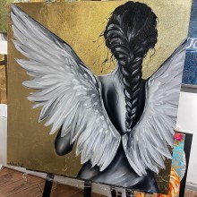 Картина маслом " Девушка с крыльями на золоте" холст лен 75*75*4см торцевой